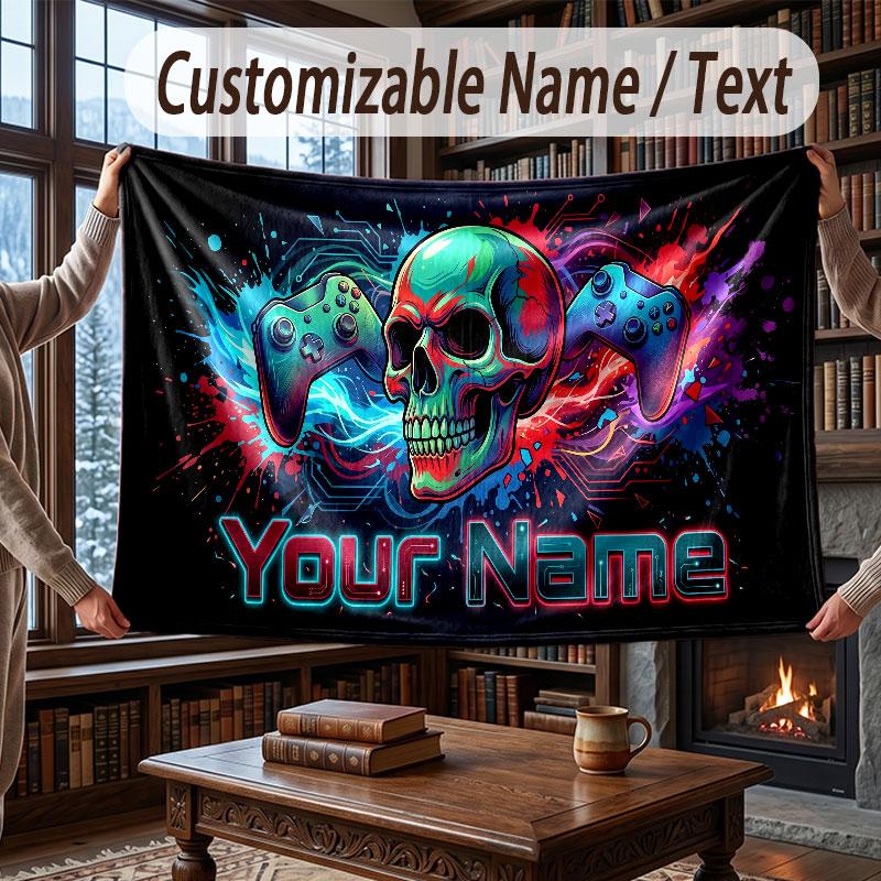 Skull Gothic Theme Throw Blanket Custom Name Text Personalized Blanket Soft Cozy Blanket for Home Sofa Bed
