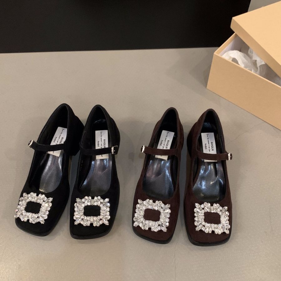 Thick heel high heels retro square head rhinestone Mary Jane small leather shoes women's shoes 2025 spring autumn winter black single shoes
