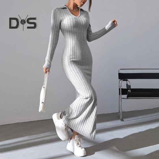 Women Spring Fall Dress V Neck Slit Hem Thread Slim Fit Long Sleeves Ankle Length Knitted Elastic Maxi Dress Shopping Dating Party Dress