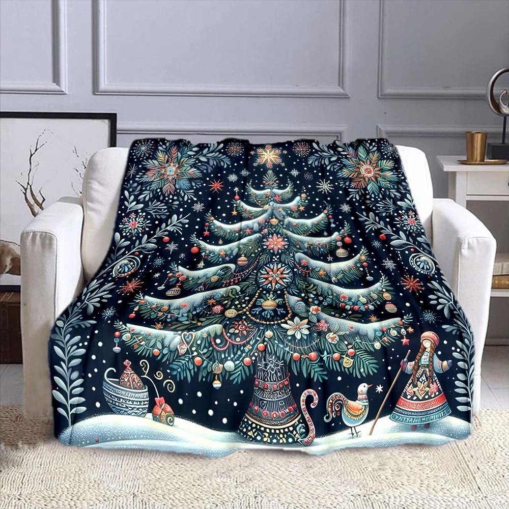 Snowy Christmas Tree with Ornaments Patterned flannel blanket perfect for the bedroom living room, sofa, or a little nap