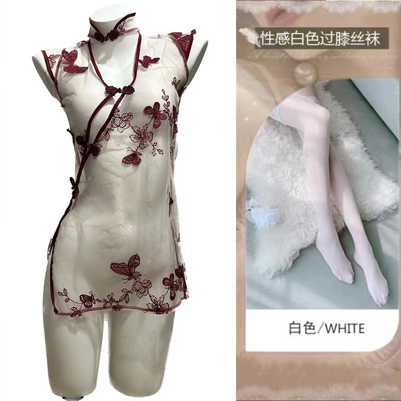 Sex underwear women's sexy perspective nightgown seduction retro hollow butterfly embroidered cheongsam uniform