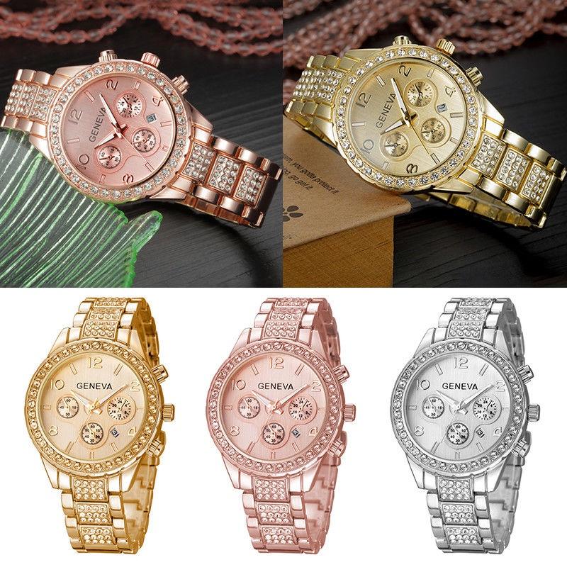 Brilliant Geneva Luxury Women Crystal Stainless Steel Quartz Analog Wrist Watch