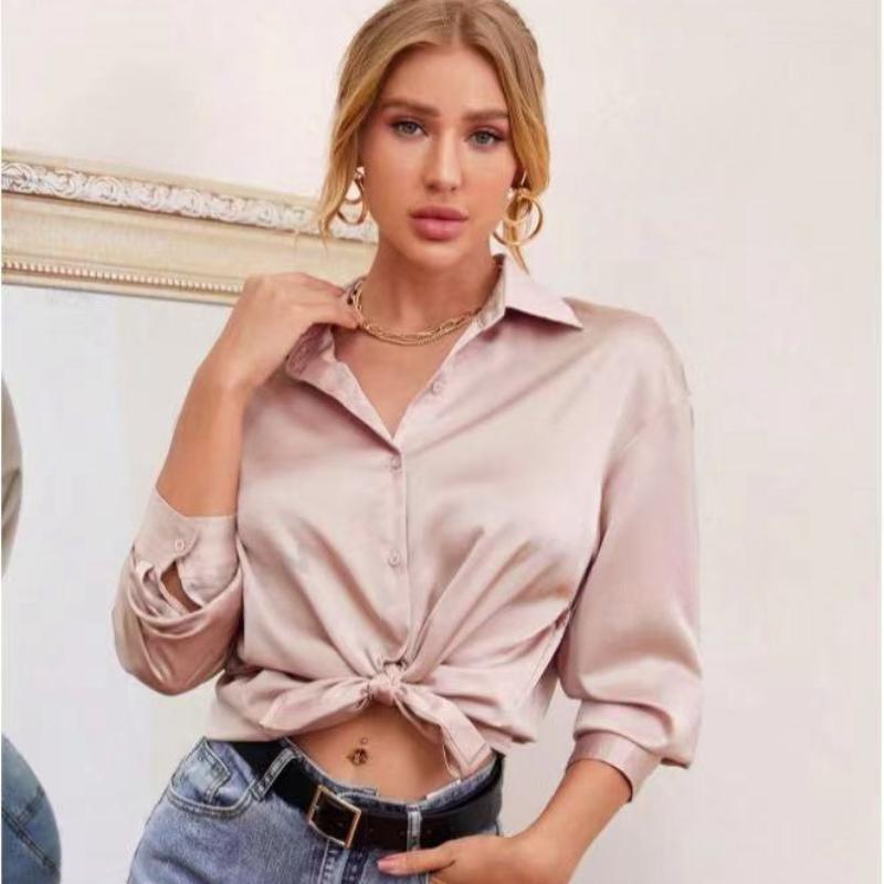 Fashion Long Sleeve Casual Loose Shirts for Women Spring and Summer New Office Ladies Blouses Tops Button Up Lapel Solid Simple Slim Woman Shirt 26257