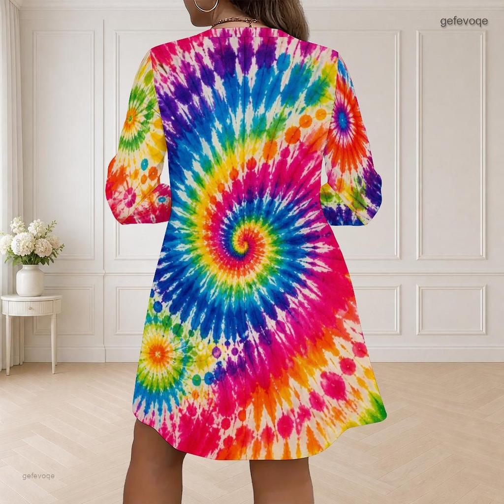 Women Plus Size V Neck Long Sleeve Loose Fit Printed Dress Green Beige Abstract Leaf Pattern