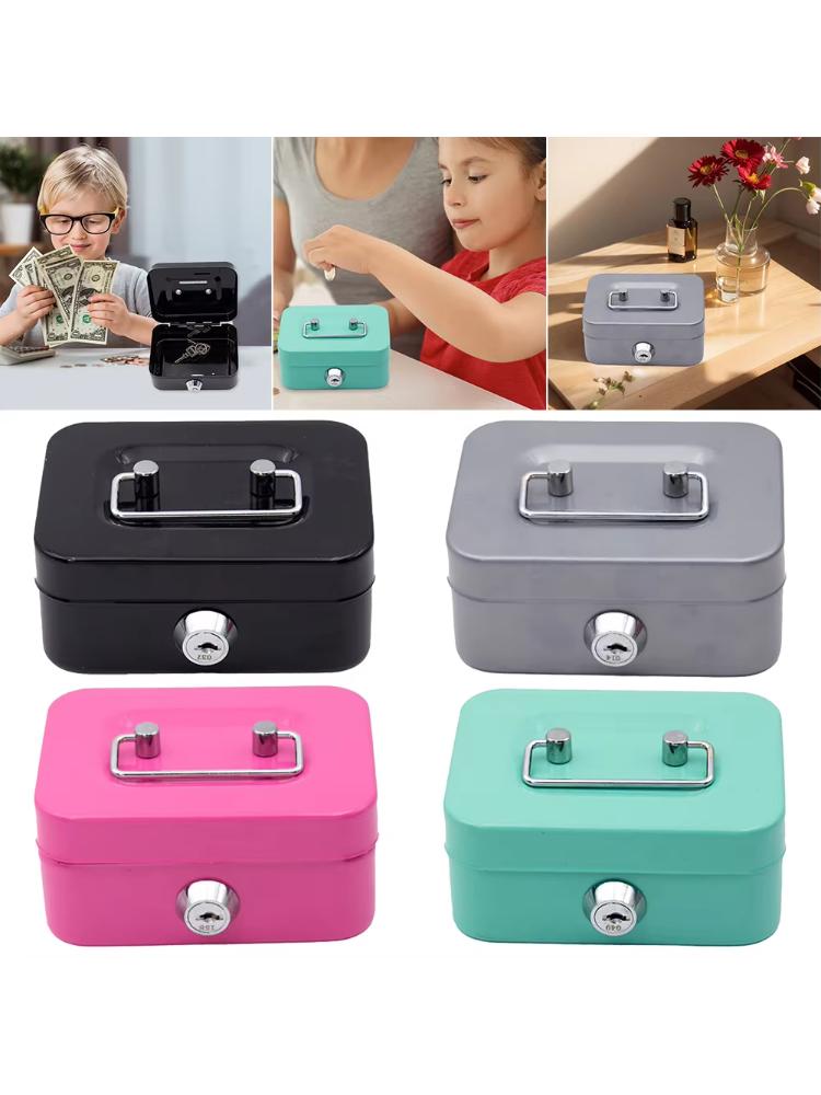 Metal Money Saving Box with Key Lock Coin Container 4.53x3.8x2.28inch Steel Cash Box Piggy Bank Small Storage Box for Adult Kids