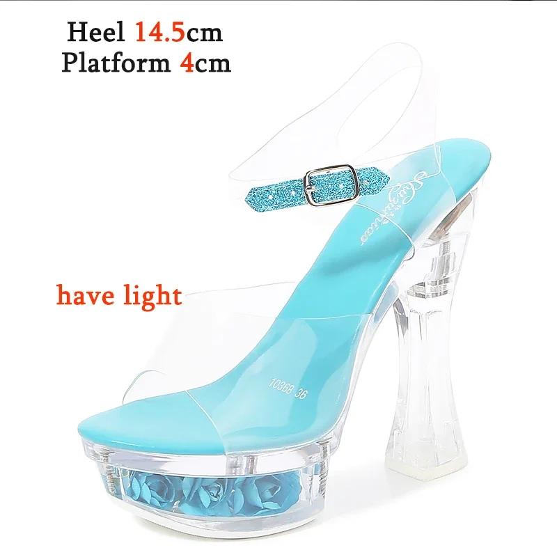 Fashion Designer Sandals Sandalias Women 2025 Summer New Flowers Transparent High Heels 14.5cm Platform Thick Heel Ladies Banquet Shoes