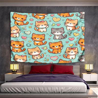 Cute Cartoon Cats with Hearts Pattern Pattern Wall Hanging Tapestry Decorative Tapestry Home Decor for Bedroom and Living Room