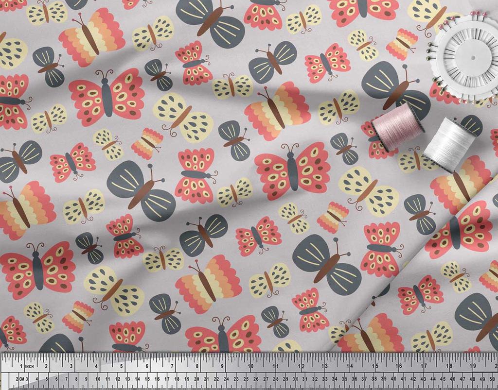 Soimoi Gray Japan Crepe Satin Fabric Butterfly Butterfly Print Fabric by Metre 42 Inch
