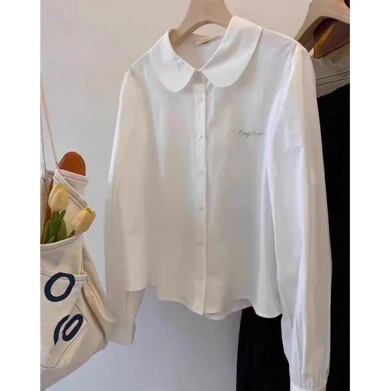 

Women White Doll Collar Lantern Sleeve Button Down Shirt S белый