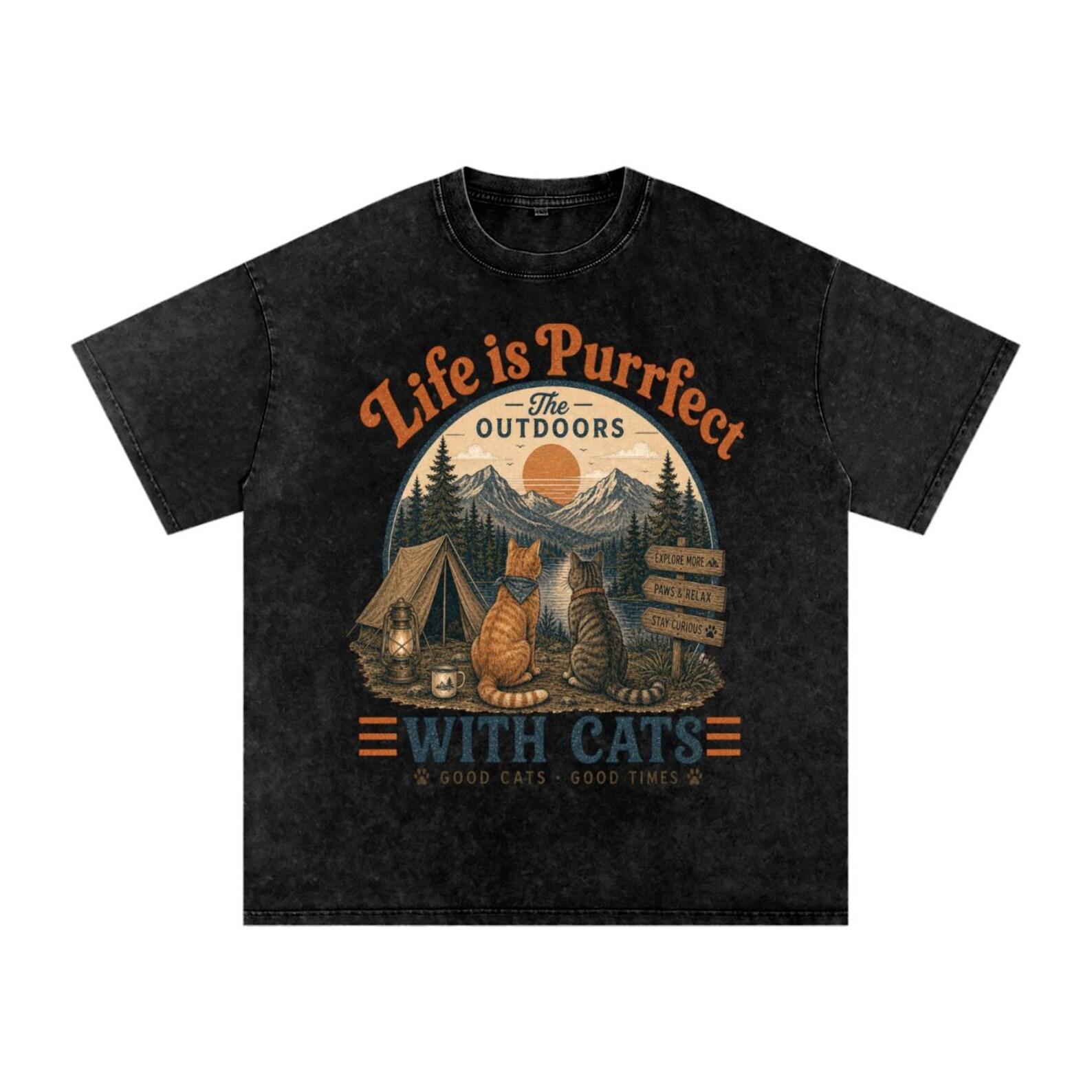 Life Is Purrfect Cat Outdoors Camping Retro Vibe Vintage Style Graphic Tee 2XL
