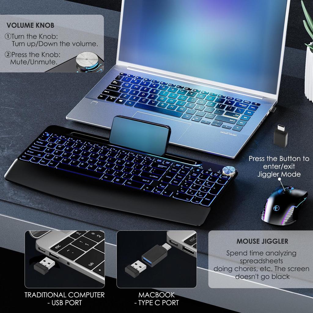 2.4G Wireless RGB Backlit Keyboard & Silent Mouse Combo with Adjustable Lighting & Anti-Screen-Off.