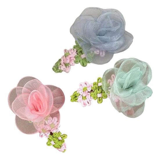 Hairpin Organza Flower Hair Clip with Hand-Crocheted Petals Leaves Sweet Style Bang Hair Pin Hair Accessories