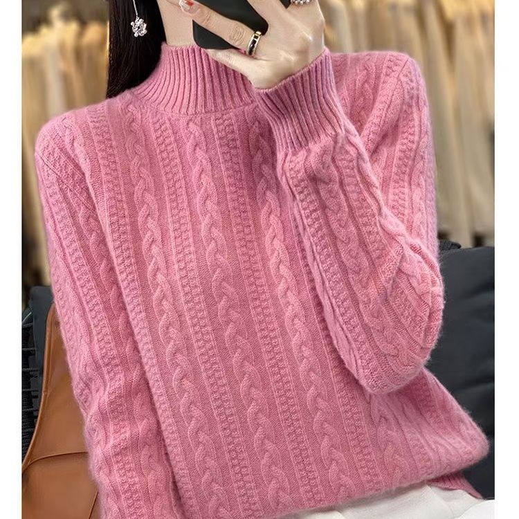 Cable Knit Mock Neck Sweater, Elegant Comfy Basic Long Sleeve Sweater for Fall & Winter, Women's Clothing