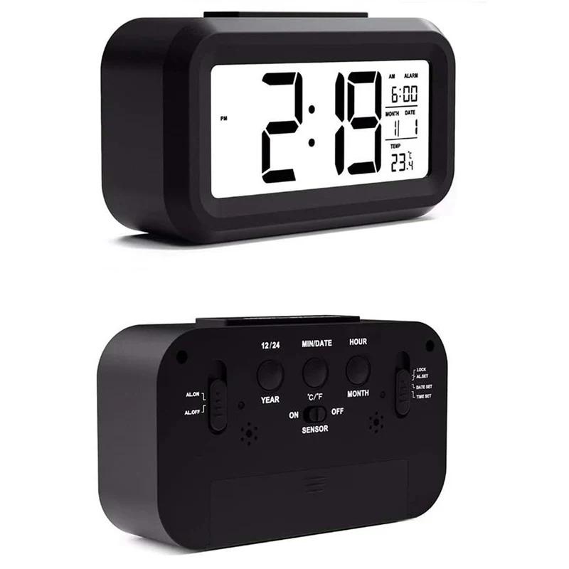Batteriebetriebener LCD-Wecker, Temperatur, Datum, Woche, 3 Alarme, Hintergrundbeleuchtung, Schlummerfunktion, Tischuhr, Nachtsichtfunktion, 12/24-Stunden-Digitaluhr