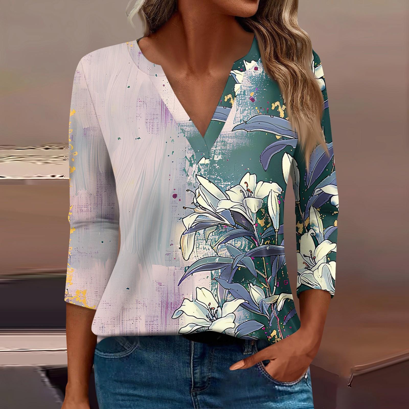 

Жен. Футболка Футболка С принтом Пуговицы Рукав 3/4 Повседневные Выходные Мода Классический Классический V-образный вырез Обычный Верх XL