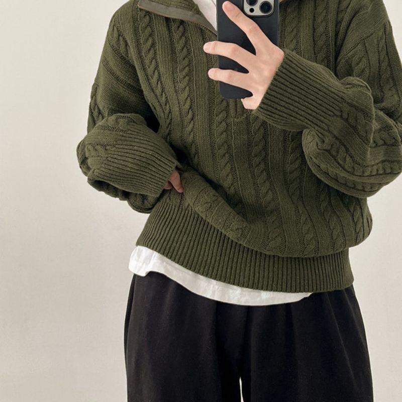 South Korea Chic Autumn and Winter Chunky Knit Top Women Retro Twist Half Zipper Lazy Short Sweater Coat