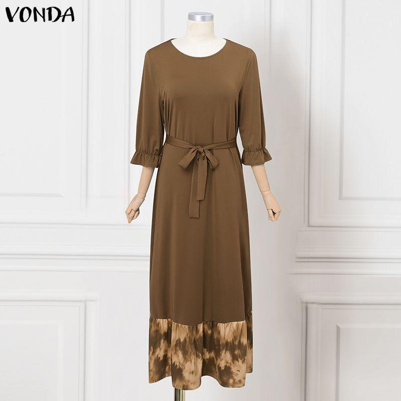 

VONDA Women Round Neck 3/4 Sleeve Print Patchwork Bandage Casual Long Maxi Swing Dress S коричневий