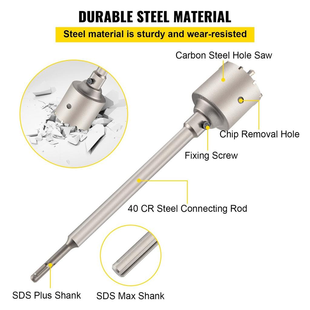 Concrete Hole Saw Kit, 30/40/65/80/100mm Drill Bit Set SDS Plus or SDS Max Shank Wall Hole Cutter with 11.8"/300 mm Connecting Rod for Brick,