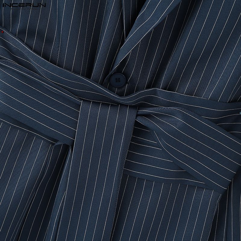 INCERUN Men Sets Lapel Neck Striped Belt Blazer Tops Trousers Long Pants Casual Suits