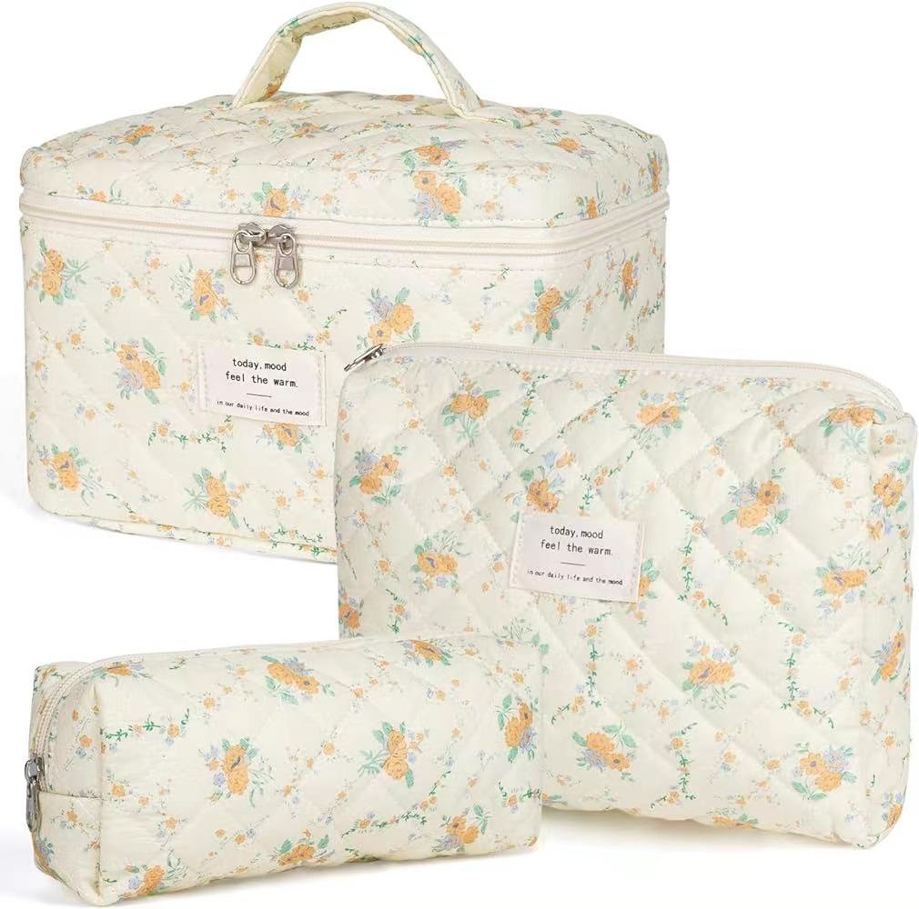 Large-Capacity Quilted Cotton Floral Makeup Bag - Portable and Cute for Travel or Student Use
