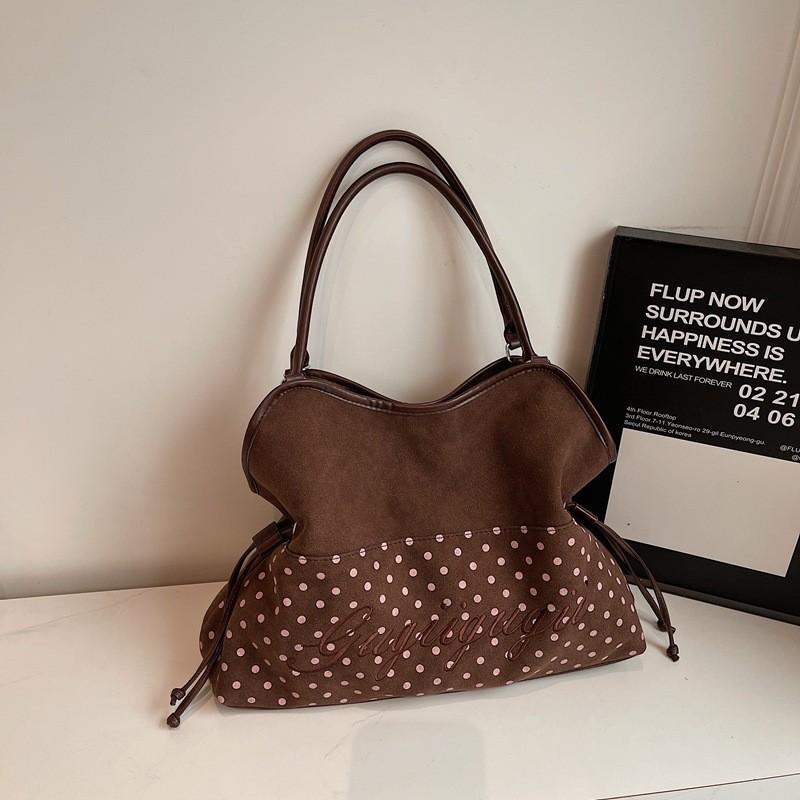 IELGY Suede Polka Dot Stitching Tote Bag Drawstring Large Capacity Shoulder Messenger Bag