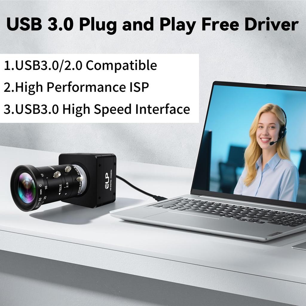 ELP 20MP 5K Ultra HD 5120x3840 High Frame Rate 5x Manual Varifocal Zoom Plug and Play Jetson for Industrial Vision USB3.0 Camera, 27.5fps Webcam,