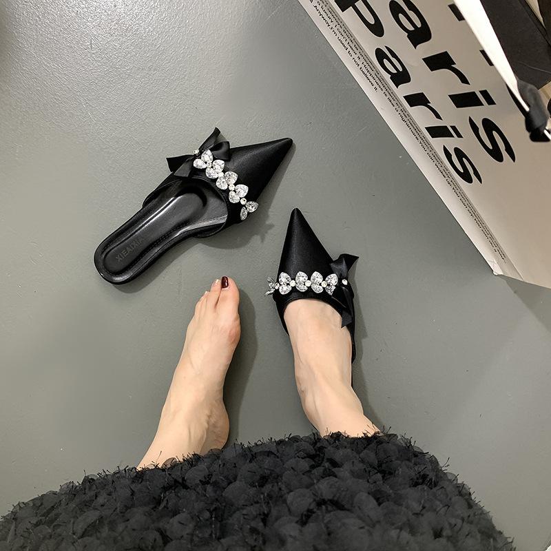 Baotou Halbschuhe Damen Strass Schleife tragen neu spitz flacher Mund flache Mules