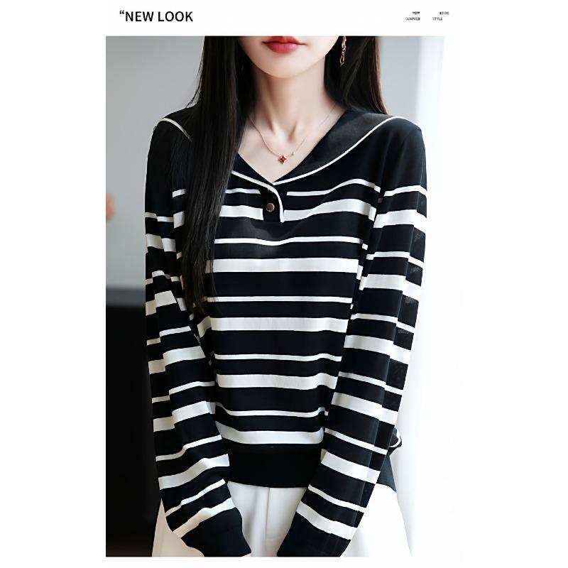 

Navy Collar Striped Knitted Sweater Women s Age Reduction Sweater Bottom Shirt Loose Lyocell Lapel Long Sleeve Top Women s One size fits all [recommended 80-60kg] чорний