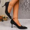 2026 New French Women's Slim Work Shoes Rhinestone Square Buckle High Heels Black Pointed Toe Temperament Single Shoes