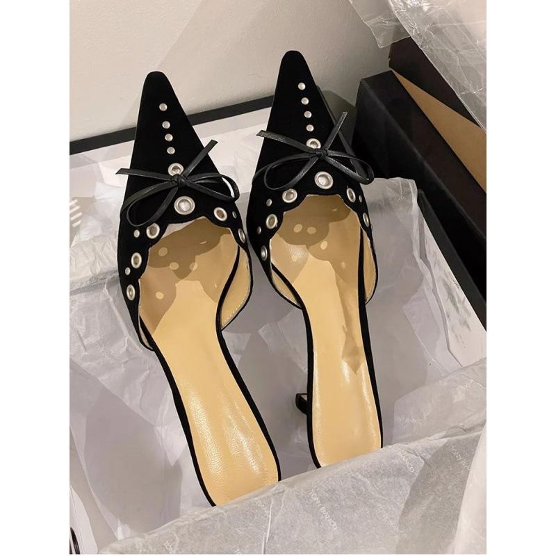 

2025 весна и осень новые замшевые туфли-лодочки с бантом и вырезами, на высоком каблуке, женственные, с закрытым носком, полушлепанцы 35 чёрный