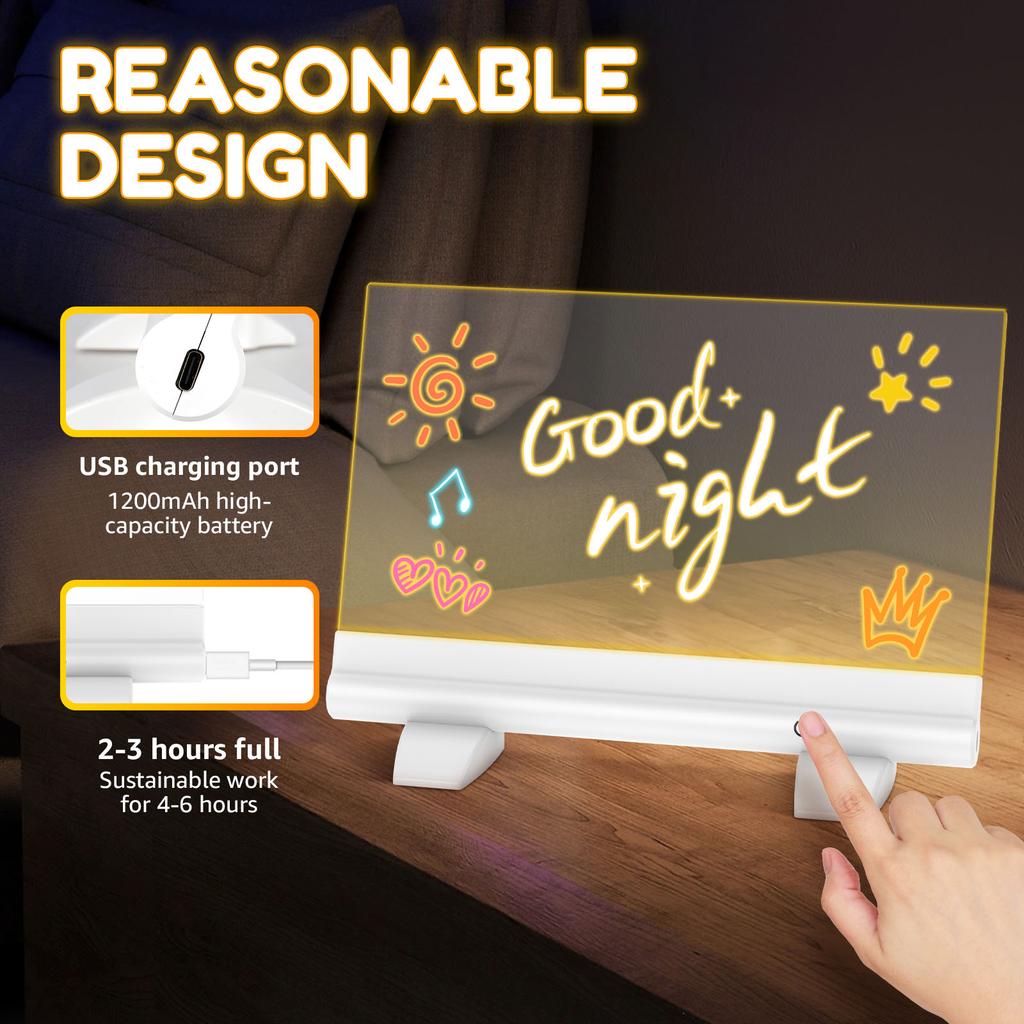 LED Luminous Drawing Board Erasable Light-Up Doodle Pad Kid Painting Toys Acrylic Note Board Memo Board with Stand and 7 Markers