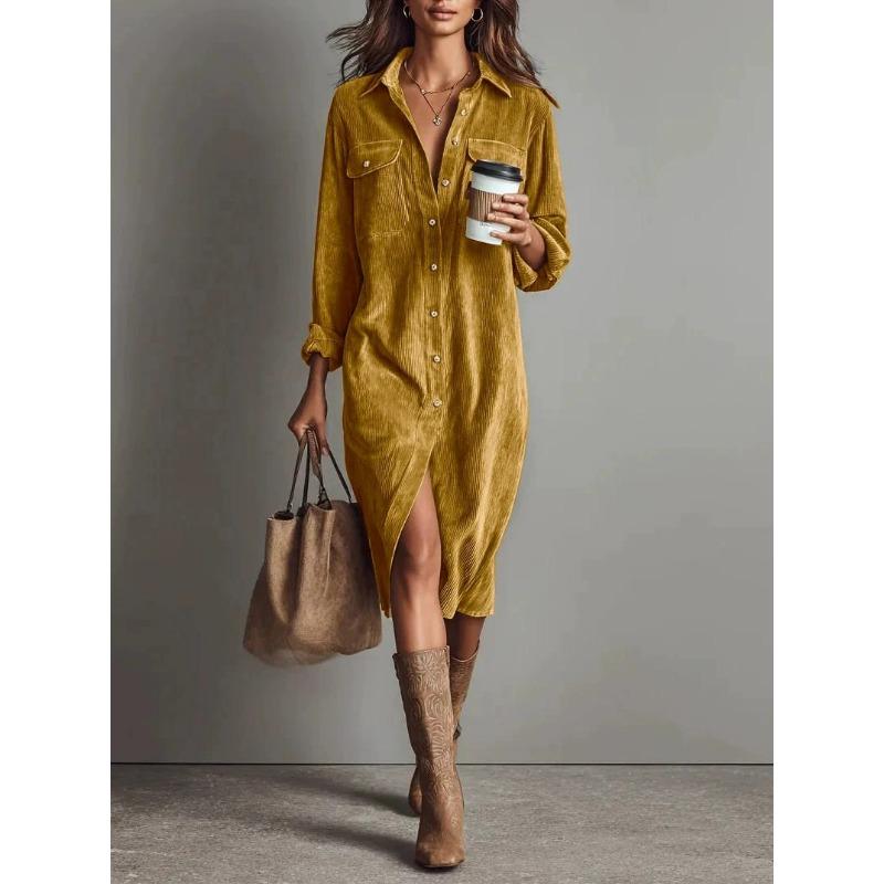 Rochie cămașă lungă, lejeră, din catifea reiată, cu guler răsucit, cu mâneci lungi, pentru femei