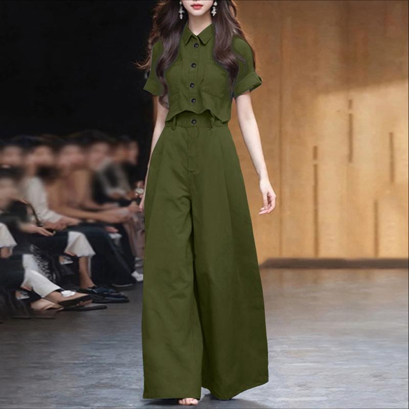 

ZANZEA Женский комплект из блузки с коротким рукавом и брюк с широкими штанинами, летний костюм-двойка 2XL армия зеленый