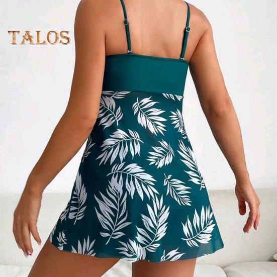 2Pcs/Set Women Summer Swimsuit Set Adjustable Straps Print Mesh Hem Bandeau Tops High Waist Swim Shorts Set