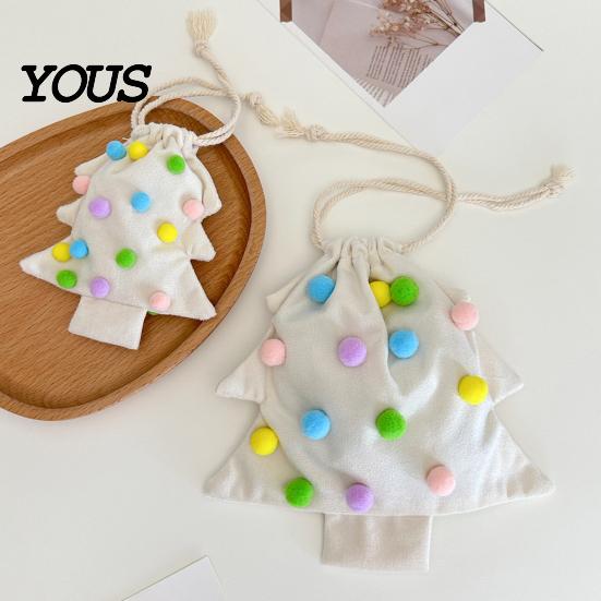 Reusable Xmas Tree Decorations Christmas Drawstring Gift Bag, Plush Pom Bell Hanging Cute Fur Ball Ornaments Ornament, Candy Pouch Decor for