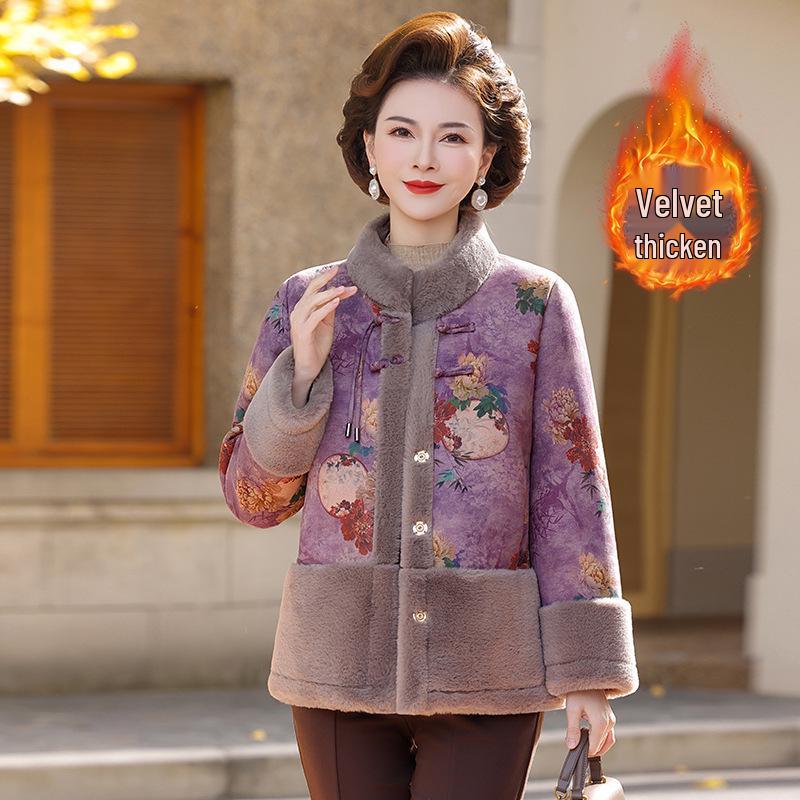 Velvet Plus Ancient Style Print Warm Jacket for Middle-Aged & Elderly Women - Winter Casual Wear