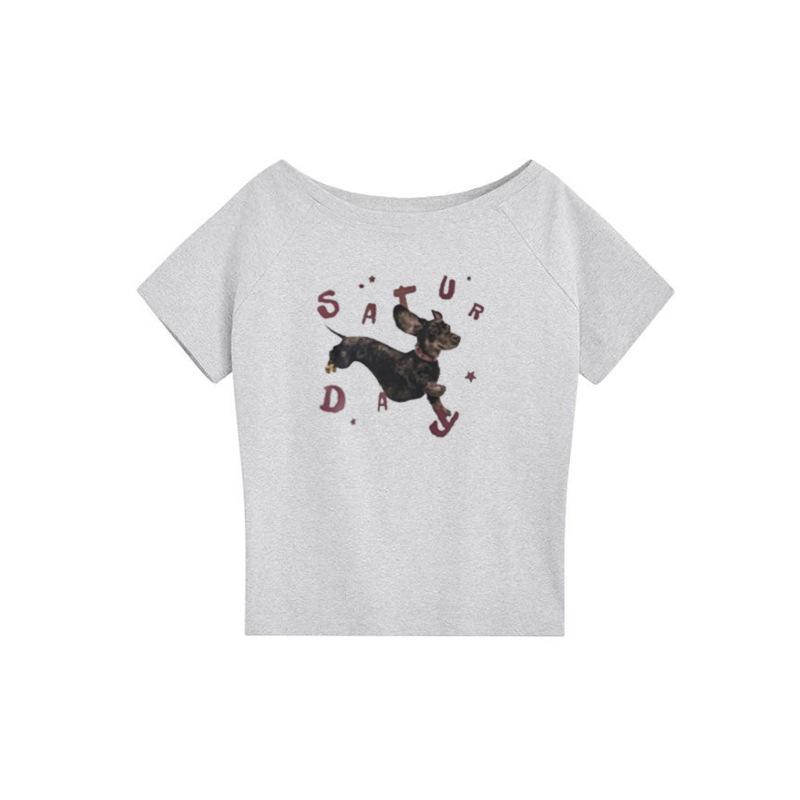 Grey Shoulder Off-Shoulder Short Sleeve T-Shirt Women s Summer American Vintage Dog Print Casual Loose Top S