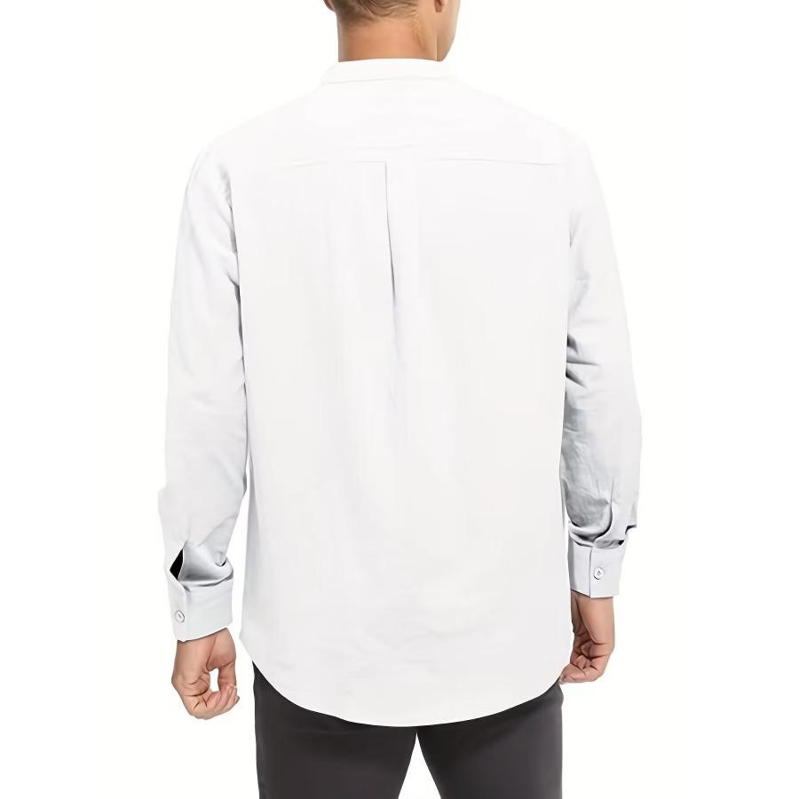 Spring Autumn Top Standing Collar Men's Clothing Solid Color Long Sleeve Button Men's Cotton Linen Shirt