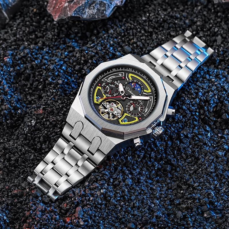 Automatic Men's Mechanical Watch for Sports 30M Water Resistant Stainless Steel Band Moon Phase Fluorescent Pointer Dial