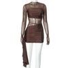 Women's Autumn Sexy Gauze See-through Long Sleeve Slim Ribbon Short Dress