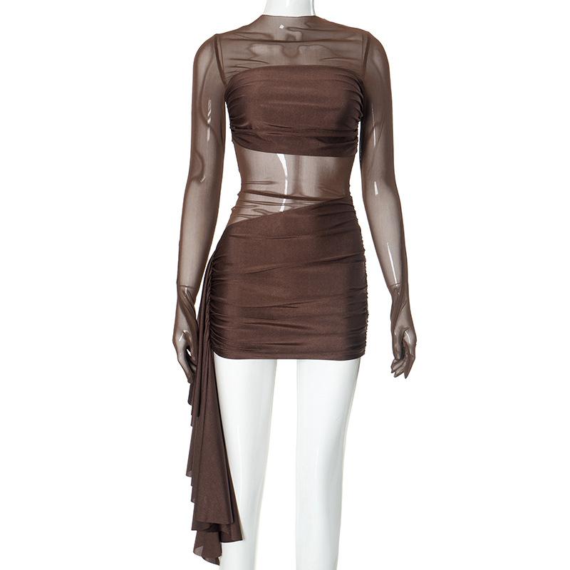 Women's Autumn Sexy Gauze See-through Long Sleeve Slim Ribbon Short Dress