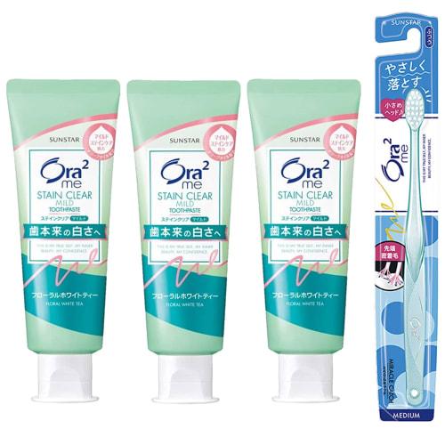 

Ora2 Me Stain Clear Паста, Цветочный Белый Чай (Отбеливающая зубная паста для отбеливания зубов, удаления пятен и устранения неприятного запаха изо рта) 125 г x 3 шт. + зубная щетка в комплекте