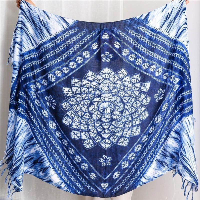 New Ethnic-Style Tie-Dye Colorized Blue-And-White Cotton And Linen Scarf Travelling Shawls For Women