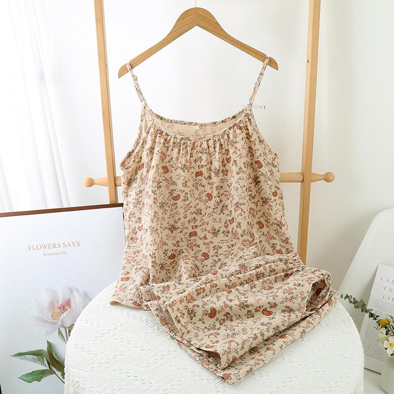

Женская летняя пижама с шортами на бретелях с цветочным принтом, хлопковая майка, шорты, домашняя одежда XL бежевый
