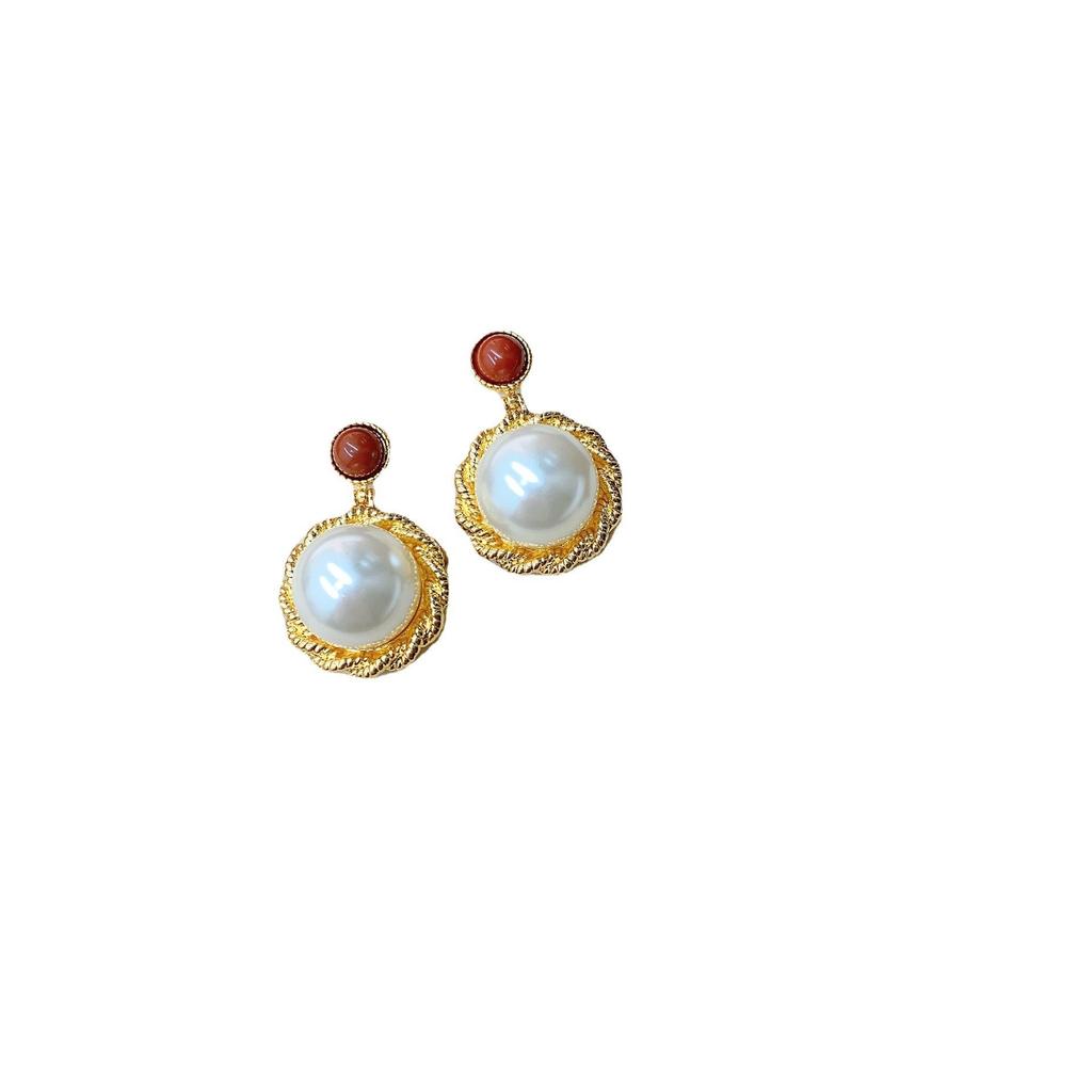 Retro Hong Kong Style Niche Design Large Earrings Women'S Niche Design Sense Gold Linen Lace Inlaid Lapis Lazuli Versatile Earrings