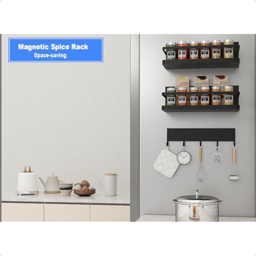 Magnetic Shelf for Fridge 3Pack Magnetic Spice Rack for Refrigerator 5Hook Magnetic Shelves with Large Containers OverDoor Pant