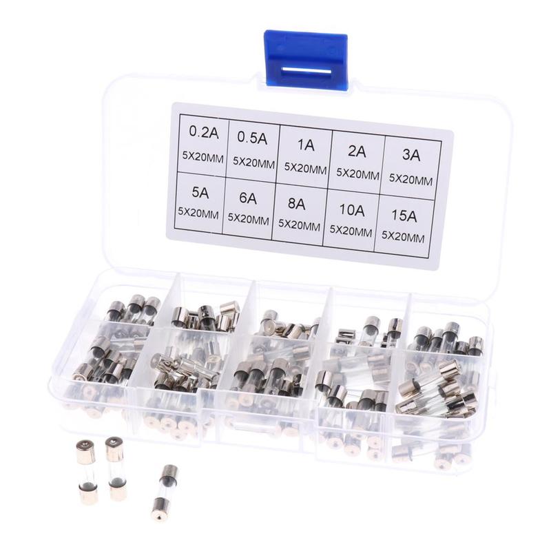 100Pcs Quick Blow Glass Tube Fuses Assorted 0.2/0.5/1/2/3/5/6/8/10/15A