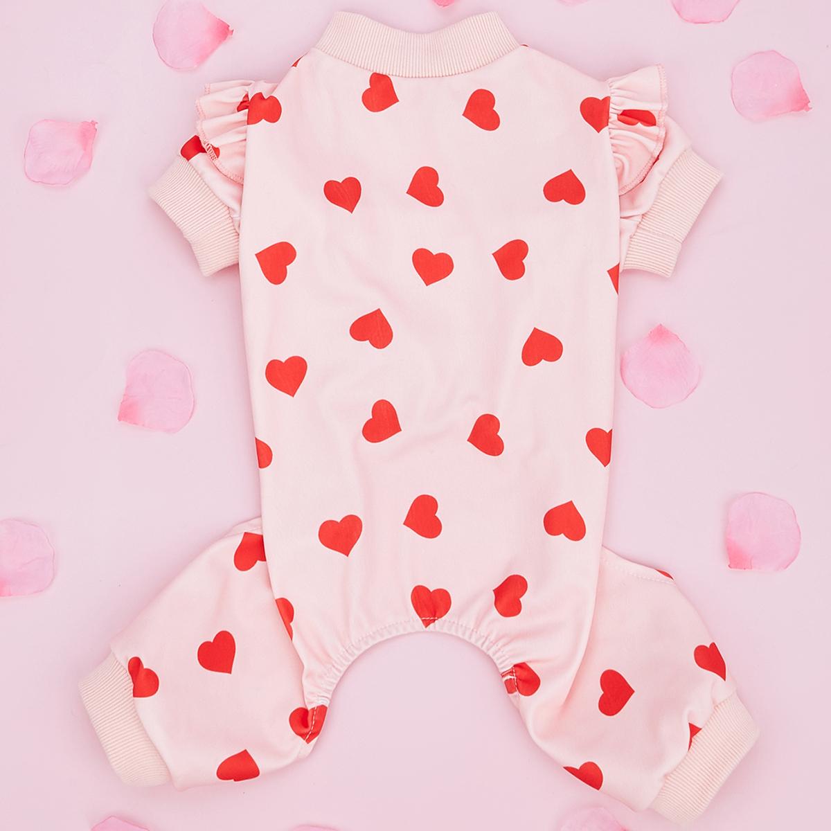 

Pink Hearts Small Dog Pajamas Flutter Sleeve Valentine s Day Stretchy Puppy Pjs Soft Onesie Cat Clothes Jumpsuit for Daily Wear XS（old） розовый