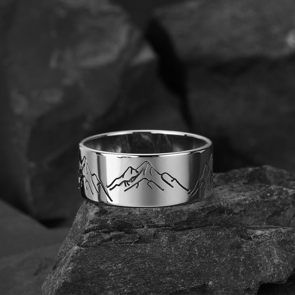 Inel Kinitial cu Munți Sculptați Pentru Femei Bărbați Bijuterii Simplitate Inele Handmade Vintage din Oțel Inoxidabil Bague