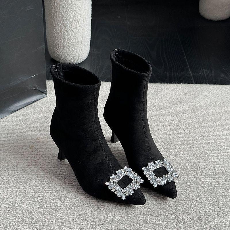 Boots high-heeled elastic socks thin-heeled rhinestone suede black thin boots increase height, pointed head shows long legs